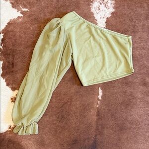 Asymmetric One-Shoulder Puff Sleeve Top in Sage Green